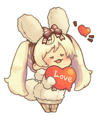ハートチョコを持つ　モコモコ服の女の子　うさぎ　ミルクカラーver
