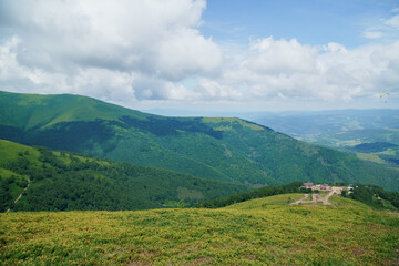 Obraz premium Beautiful summer mountain landscape, forest, clouds. Mount Gemba Pylypets Ukraine. Ukrainian mountains Carpathians, Transcarpathia