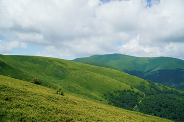 Fototapeta na wymiar Beautiful summer mountain landscape, forest, clouds. Mount Gemba Pylypets Ukraine. Ukrainian mountains Carpathians, Transcarpathia