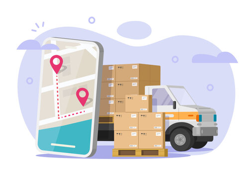 Logistic transport shipping delivery 3d vector graphic illustration, courier freight cargo shipment order service mobile cell phone app, ecommerce distribution truck with parcels image clipart