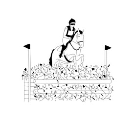 Equestrian eventing rider jumping on his horse over the barrier, black and white vector illustration