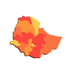 Ethiopia political map of administrative divisions - regions and chartered cities. 3D map in shades of orange color.