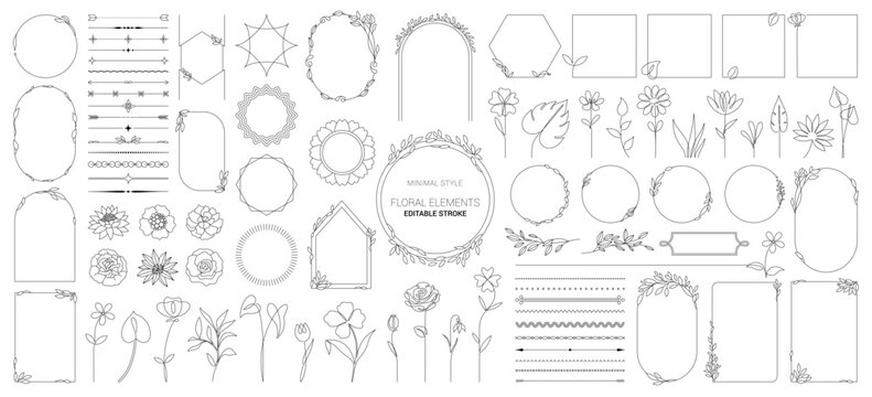 Collection of geometric vector flower frames. Hand drawn line border frames, dividers, corners, flowers and labels. Elegant monogram, hand drawn marriage invitations with wreath borders