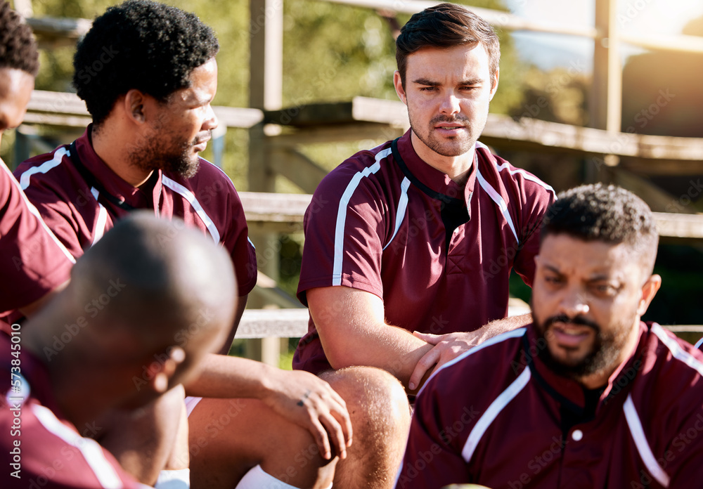 Wall mural Break, rugby and team of sports men talking, relax and share ideas for training at a field. Fitness, friends and man group discuss game strategy before match, workout and planning practice in huddle