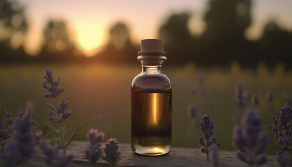 Obraz na płótnie Canvas lavender essential oil in clear bottle in lavender field. Generative AI