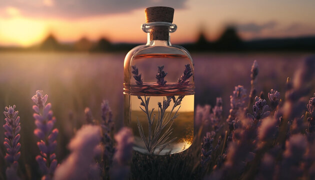 lavender essential oil in clear bottle in lavender field. Generative AI