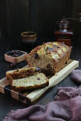 slices of banana cake and and a bowl of dates