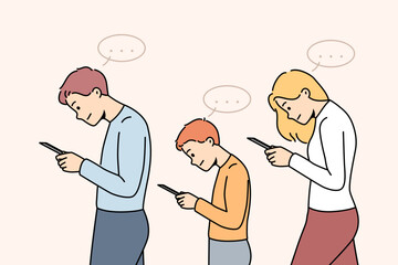 Family with child walk using cellphone. Parents and kid addicted to smartphones. Technology and gadgets addiction. Vector illustration. 