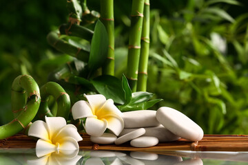 Spa stones, bamboo and flowers in garden
