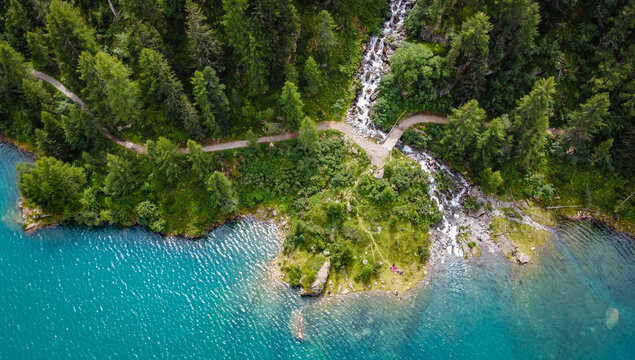 Lake Pian Pal&ugrave;, with its unmistakable emerald-coloured waters, is one of the iconic places in Sole Valley, Stelvio National Park, Trentino Alto Adige, Italy