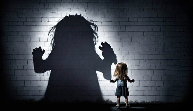 little girl facing her nightmares and afraid of imaginary monster and darkness