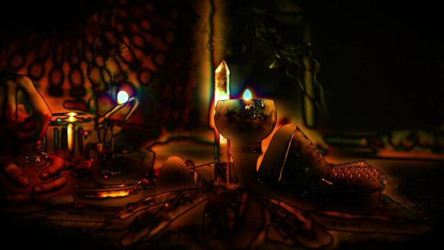 Cacao ceremony space, heart opening medicine. Burning incense at the altar with a labradorite and woman who takes care of the fumigation with incense. Artist effect.