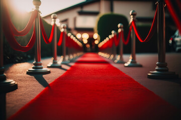 Red Carpet hallway with barriers and red ropes for Cinema and Fashion awards, a ceremony for celebrities persons. Generative AI. - obrazy, fototapety, plakaty