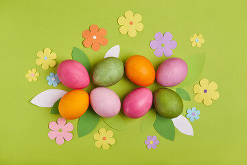 Colored Easter eggs. Spring greeting card banner with traditional Easter symbols. 