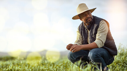 Farmer, black man and mockup for agriculture and sustainability outdoor on an agro farm with bokeh. Person on grass field thinking about farming innovation, growth and ecology in the countryside - obrazy, fototapety, plakaty