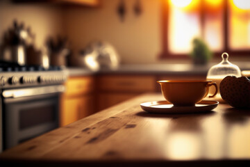 Fototapeta na wymiar Wood table top on blur kitchen room background. Generative AI illustration.