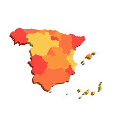 Spain political map of administrative divisions - autonomous communities and autonomous cities of Ceuta and Melilla. 3D map in shades of orange color.