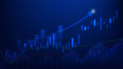 Financial business statistics with bar graph and candlestick chart show stock market price and effective earning on blue background