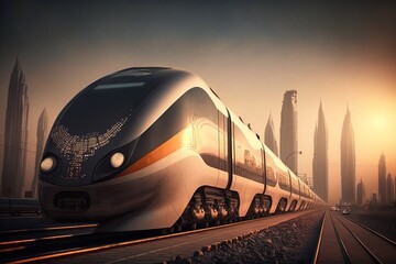 Fototapeta na wymiar illustration of the future of transport, futuristic train leaving the city, futuristic vehicle