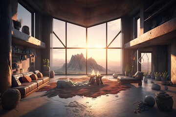 "Horizon Home: Epic Interior Shot of a Neo-Brutalist Home Design Captured Through Real Estate Photography Inspired by Horizon Zero Dawn
