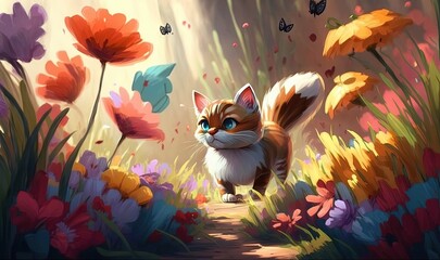  a painting of a cat walking through a field of flowers.  generative ai