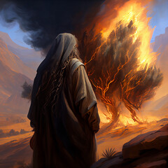 Moses with the burning bush, old Testament and jewish Torah, Book of Exodus, religion, generative AI