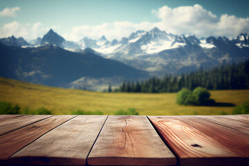 Wooden table background with landscape of mountains, made with Generative AI technology