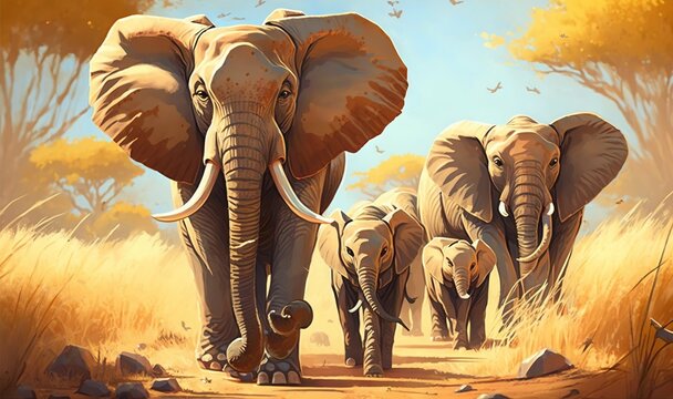  a painting of a family of elephants walking down a dirt road.  generative ai
