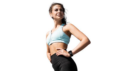 Young athletic woman getting ready for fitness workout isolated transparent background, png.