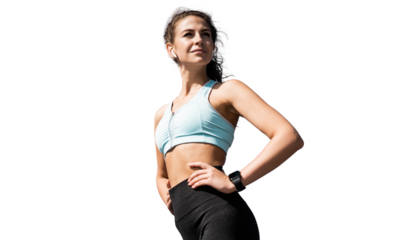 Young athletic woman getting ready for fitness workout isolated transparent background, png.