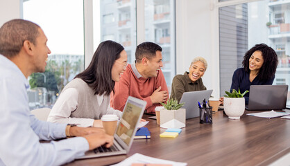 Funny, collaboration or happy business people in meeting laughing at a joke after planning a group...