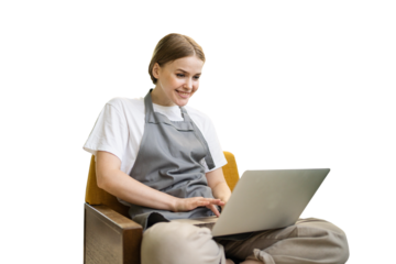 Female employee using computer laptop isolated transparent background, png.