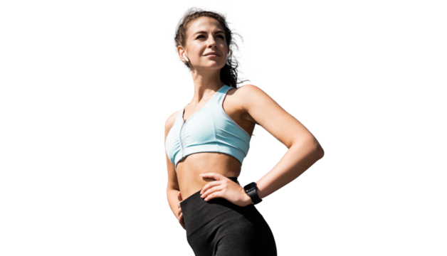 Young athletic woman getting ready for fitness workout isolated transparent background, png.
