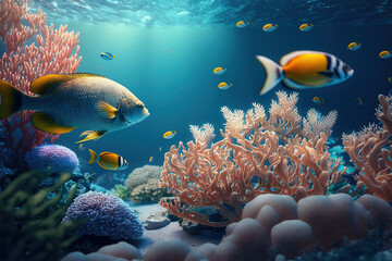Obraz premium Brightly coloured tropical fish underwater in a blue sea with coral and sand. Generative AI.