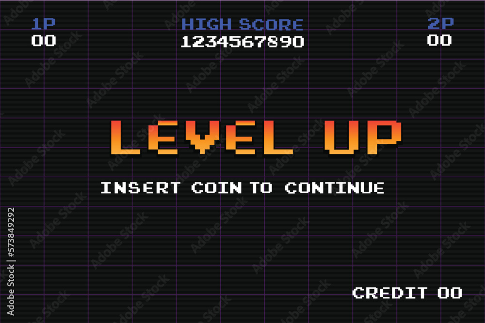 Poster level up insert a coin to continue .pixel art .8 bit game.retro game. for game assets in vector illu