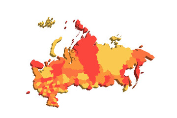 Russia political map of administrative divisions - oblasts, republics, autonomous okrugs, krais, autonomous oblast and 2 federal cities of Moscow and Saint Petersburg. 3D map in shades of orange color