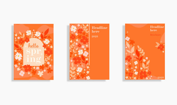 Set of orange banners. Set of brochure designs with spring flowers. Beauty, fashion, natural and organic products, environment. Vector illustration or cover design templates, marketing material.