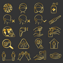 Coronavirus icons set. Symptoms, transmission, prevention or treatment. nCoV or COVID-19 epidemic. Isolated vector eps10. Gold colors gradient