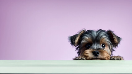 A cute yorkhire terrier puppy peering over a table with large empty background. generative ai