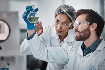 Medical, team work or scientists in laboratory with chemical liquid after science research or...