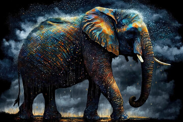 Elephant in splashes of colour coloured ink dramatic light Drops shiny wet realistic. Festival of colors isolated created with Generative AI technology