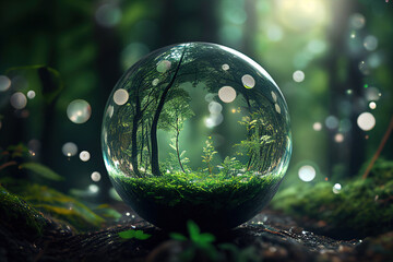 Forest in summer seen in a glass ball. Ai generative.