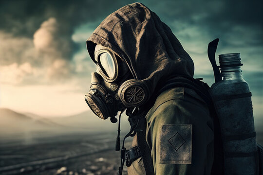A man in a protective suit in a post-apocalyptic setting. Ai generative.