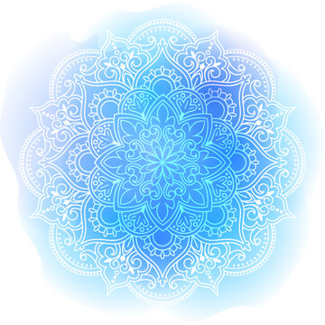 Round gradient mandala on watercolor trace background. Vector boho mandala in blue colors. Mandala with floral patterns. Yoga template