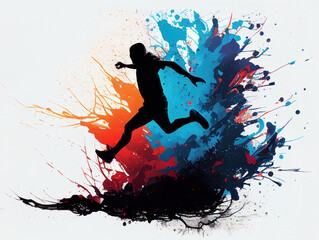 Silhouette of a running, jumping person on an abstract background. Ai generative
