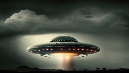 Naklejka na ściany i meble Aliens spaceship illustration. UFO with light beam. generative ai