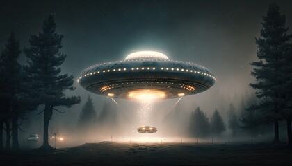 Naklejka na ściany i meble Aliens spaceship illustration. UFO with light beam. generative ai