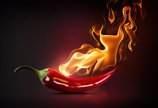 Hot red chili pepper on fire background. Ai generative.