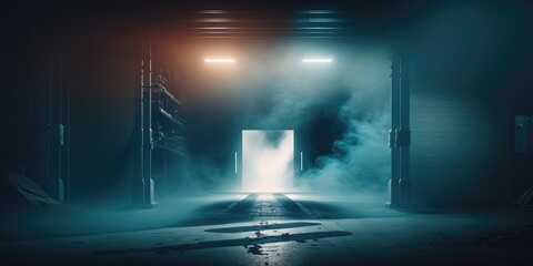 empty hall with neon lights and smoke with fog lights generative ai 