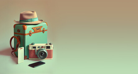 Backpack with a camera and hat, summer holiday feeling, pastel color, retro style, travel concept
